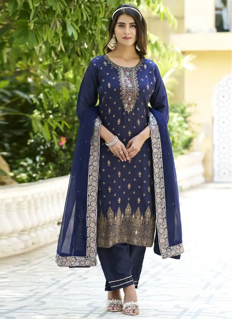 Navy blue viscose reyon embroidered salwar suit stitched