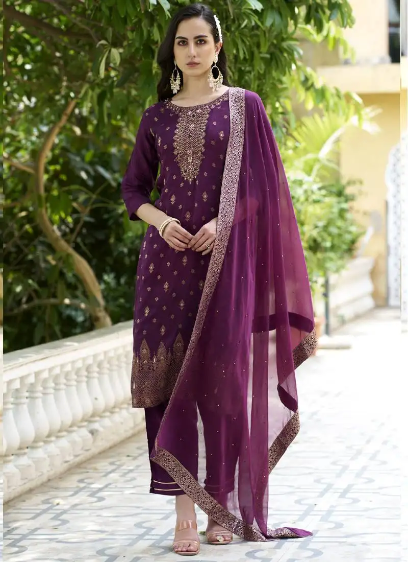 Violet viscose reyon embroidered salwar suit stitched