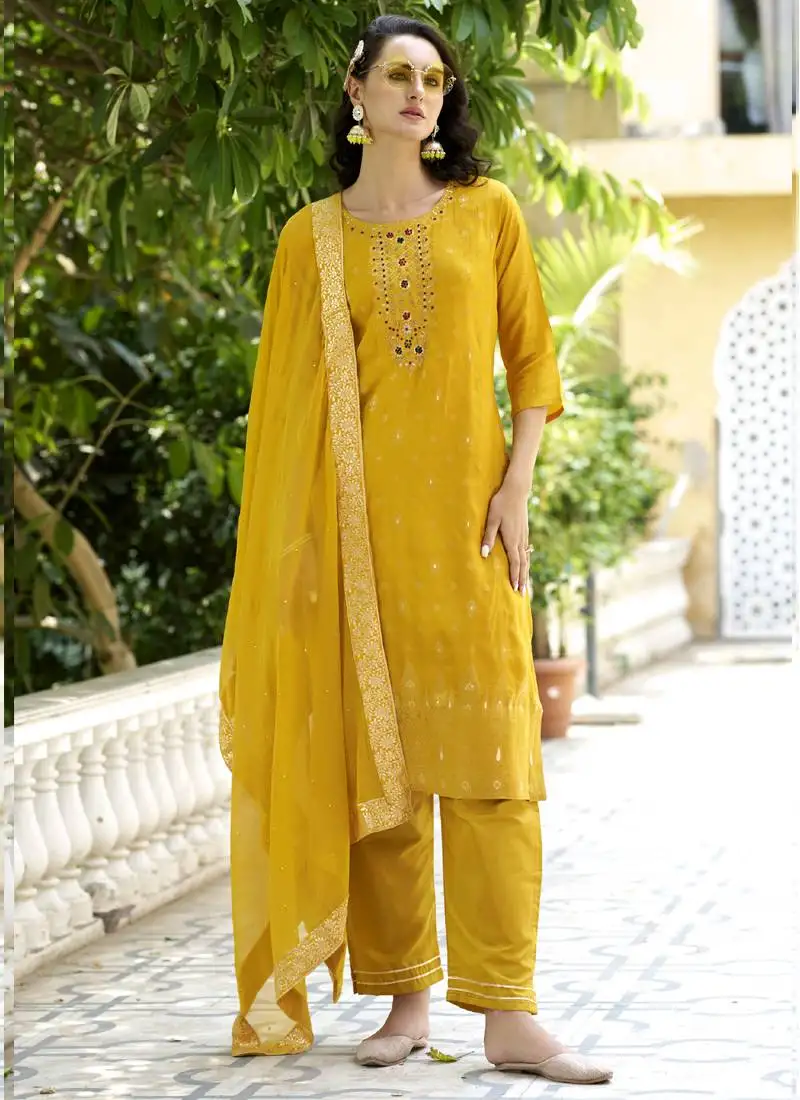 Yellow viscose reyon embroidered salwar suit stitched