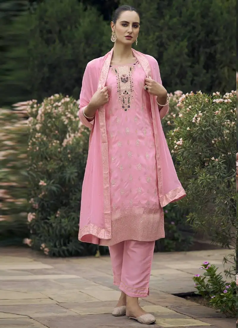 Baby pink viscose reyon embroidered salwar suit stitched