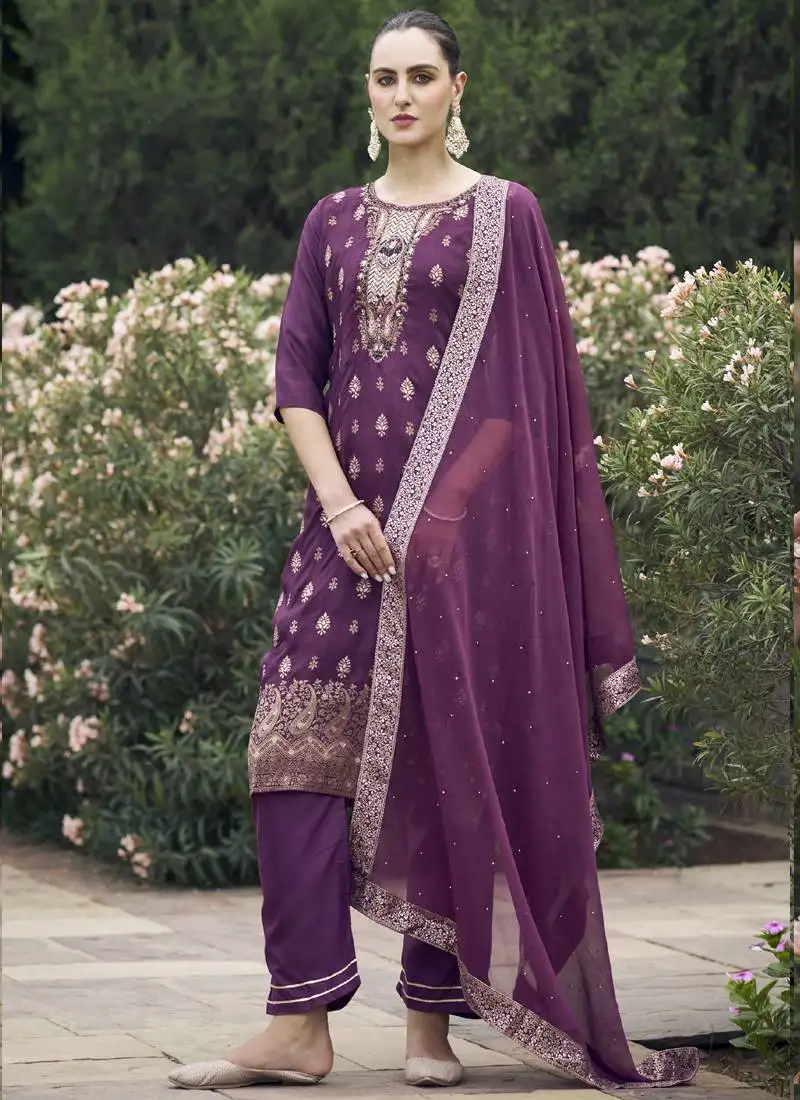 Wine viscose reyon embroidered salwar suit stitched