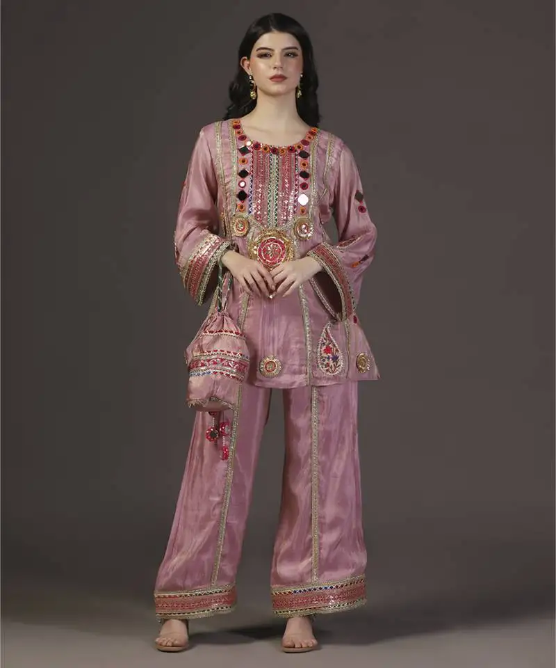 Pink aura mirror and resham hand embroidered tissue kurta sets of 3