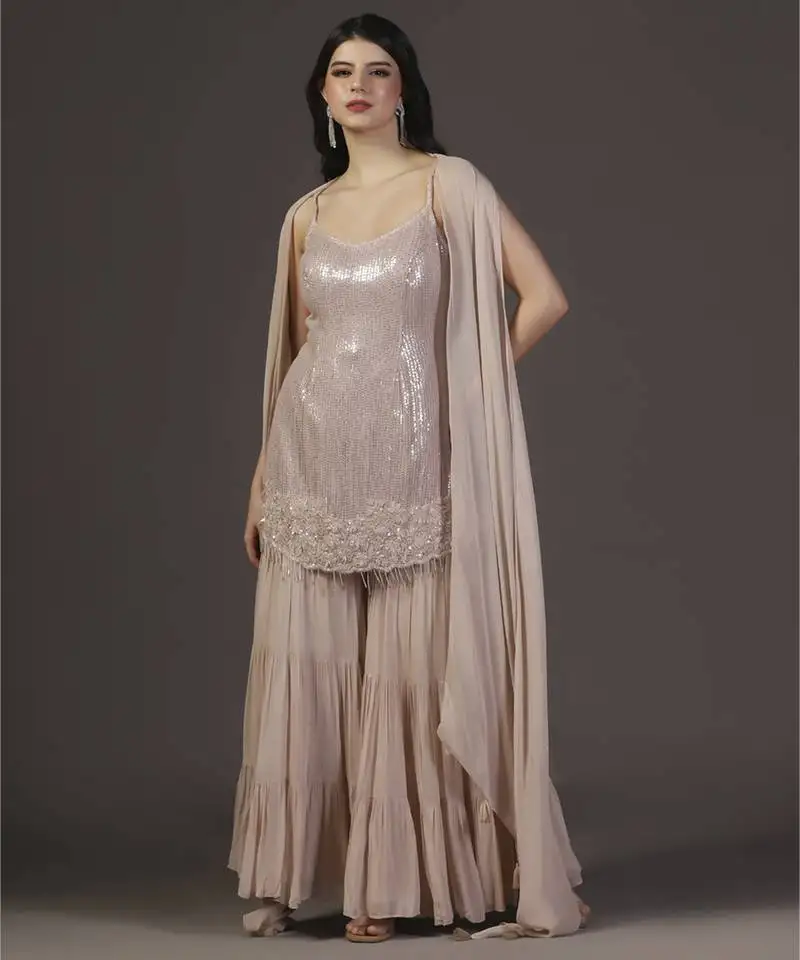 Dusky peach georgette gharara with sequins hand embroidered sets of 3