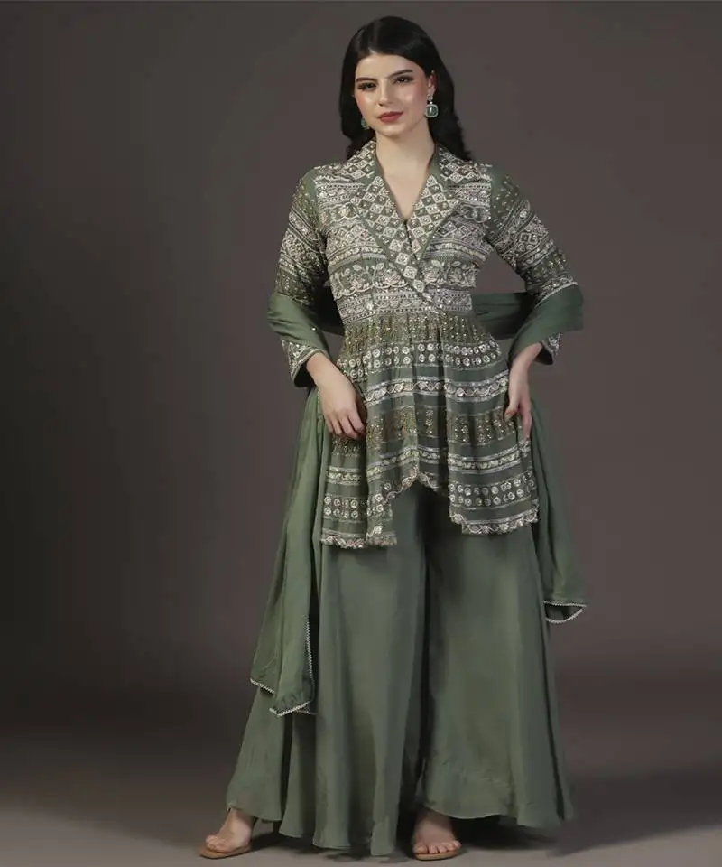 Sage green hand embroidered net peplum top and georgette sharara sets of 3
