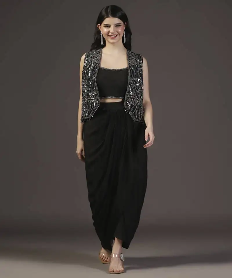 Metallic black and silver hand embroidered cropped jacket with georgette crop top and draped skirt sets of 3