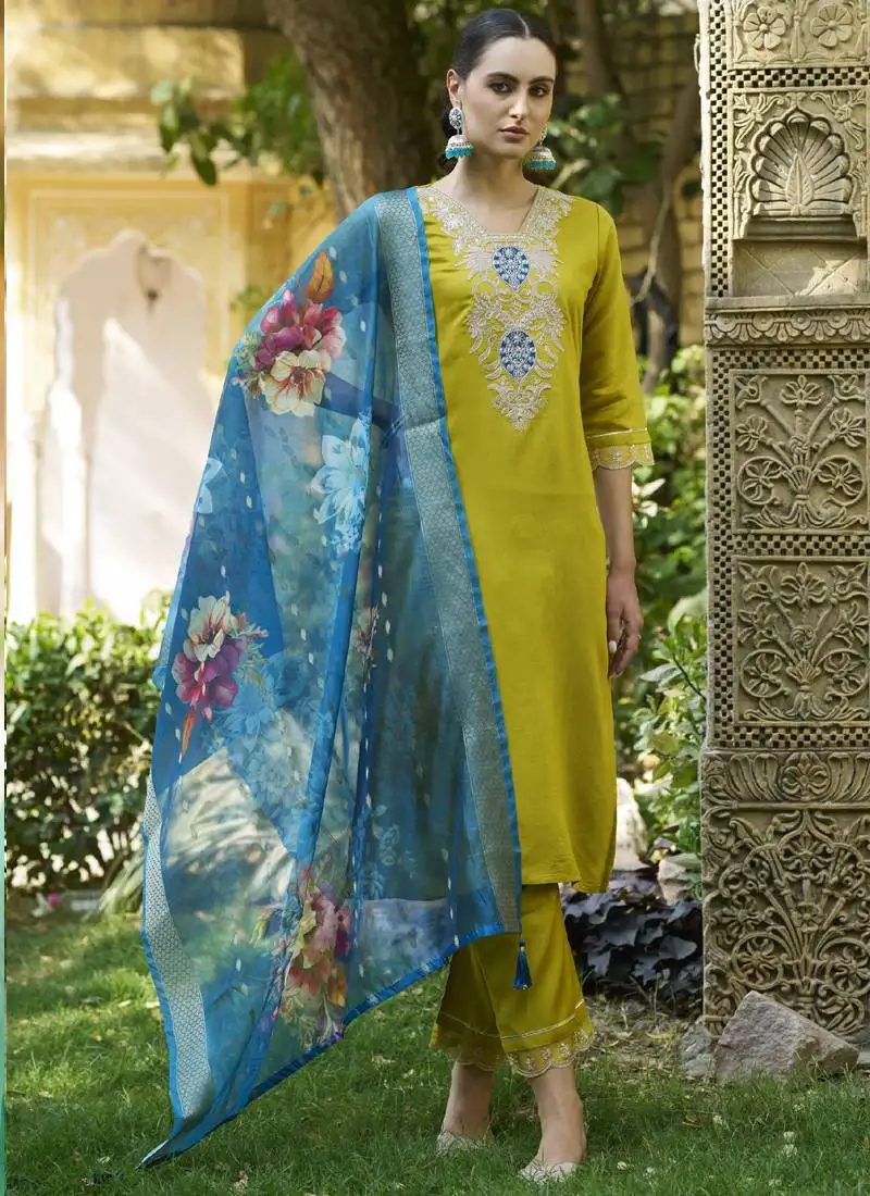 Dark yellow viscose reyon embroidered salwar suit stitched