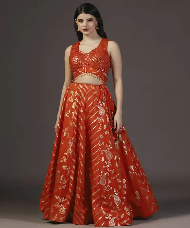 Burnt orange sequins embroidered banarasi silk lehenga sets of 3