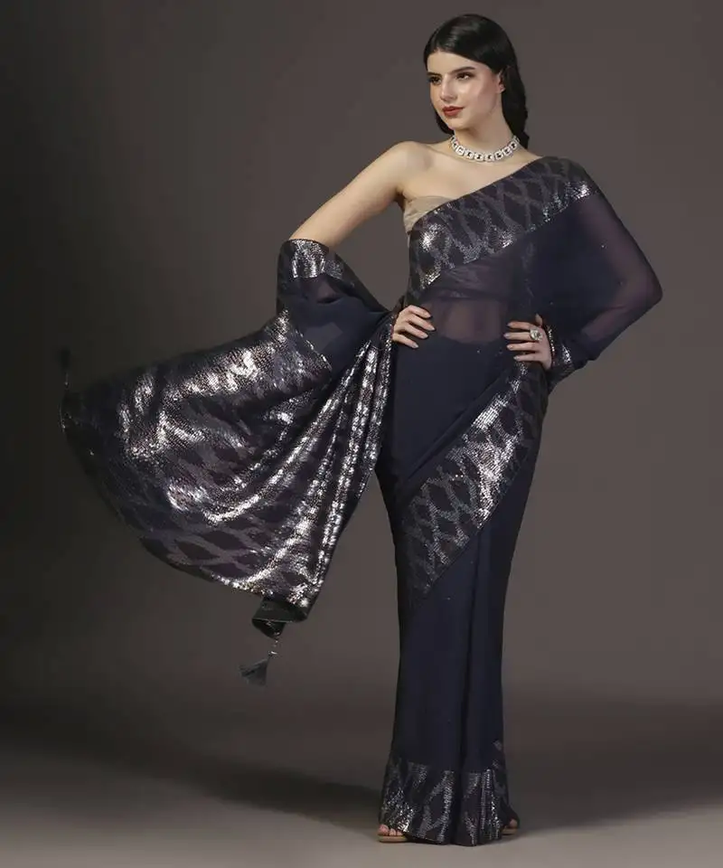 Black embellished dull silver and gold sequins hand embroidered georgette saree with unstitched blouse sets of 2