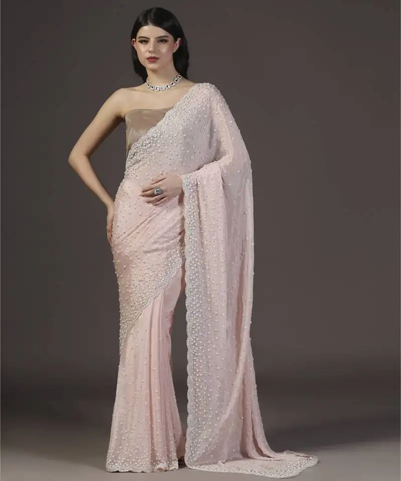 Pink embellished pearl hand embroidered chiffon saree with unstitched blouse sets of 2