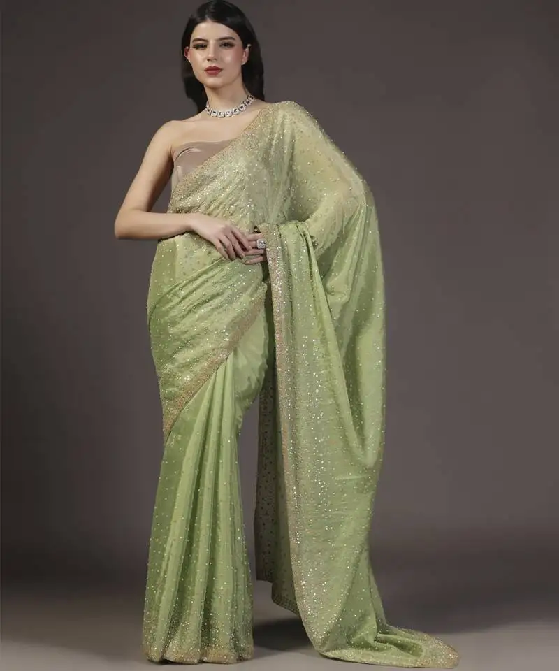 Green embellised tine dull sequins embroidered georgette saree with unstitched blouse sets of 2