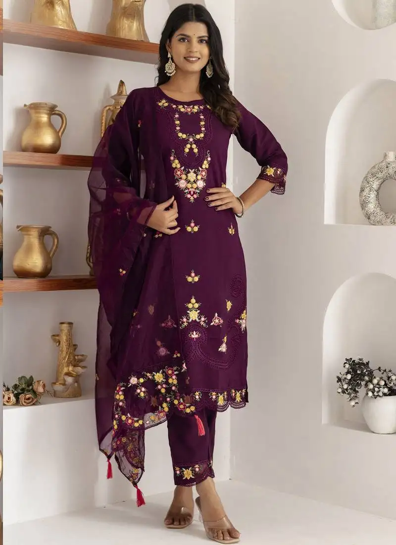 Wine viscose silk embroidered salwar suit stitched