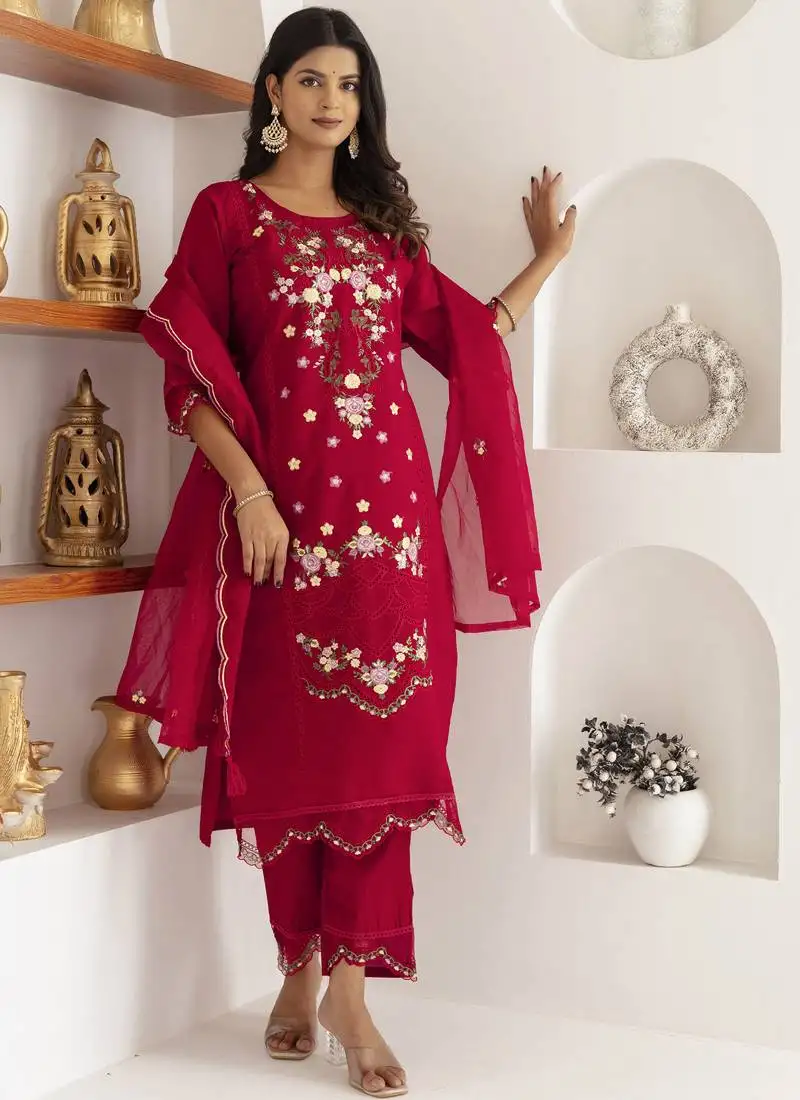 Maroon viscose silk embroidered salwar suit stitched