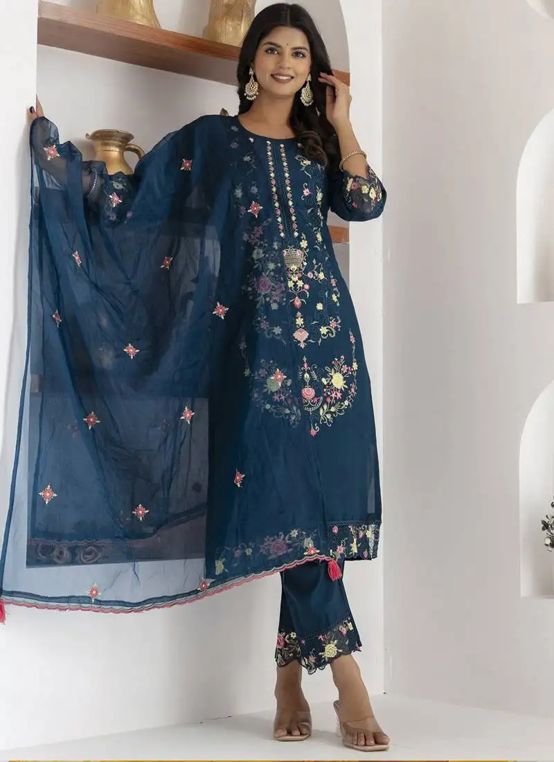 Royal blue viscose silk embroidered salwar suit stitched