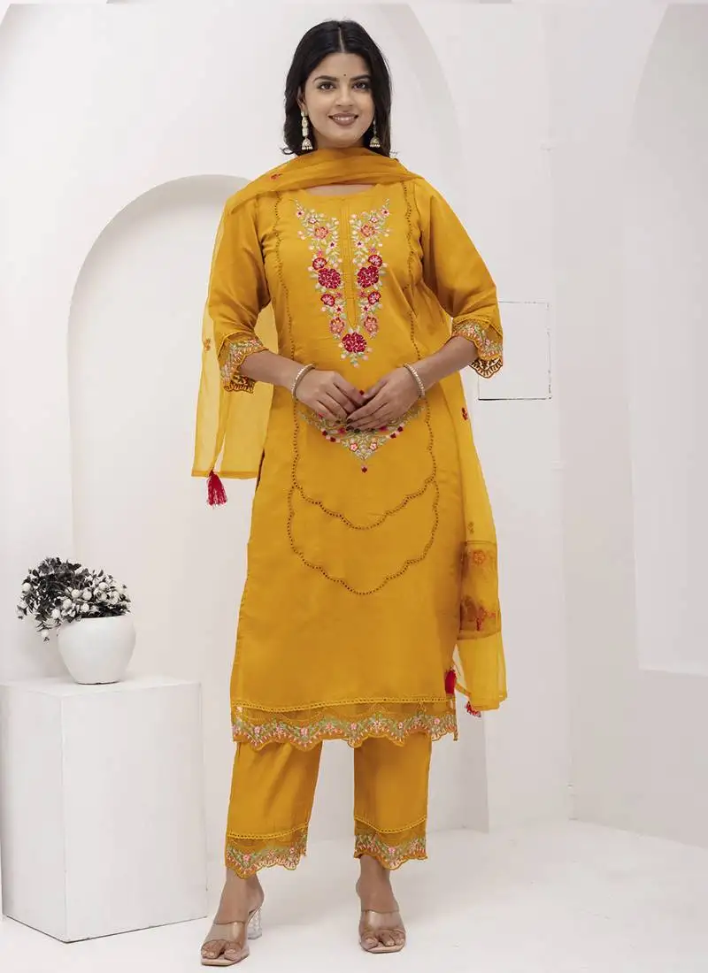 Yellow viscose silk embroidered salwar suit stitched