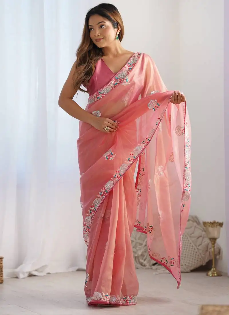 Peach organza embroidered party wear saree
