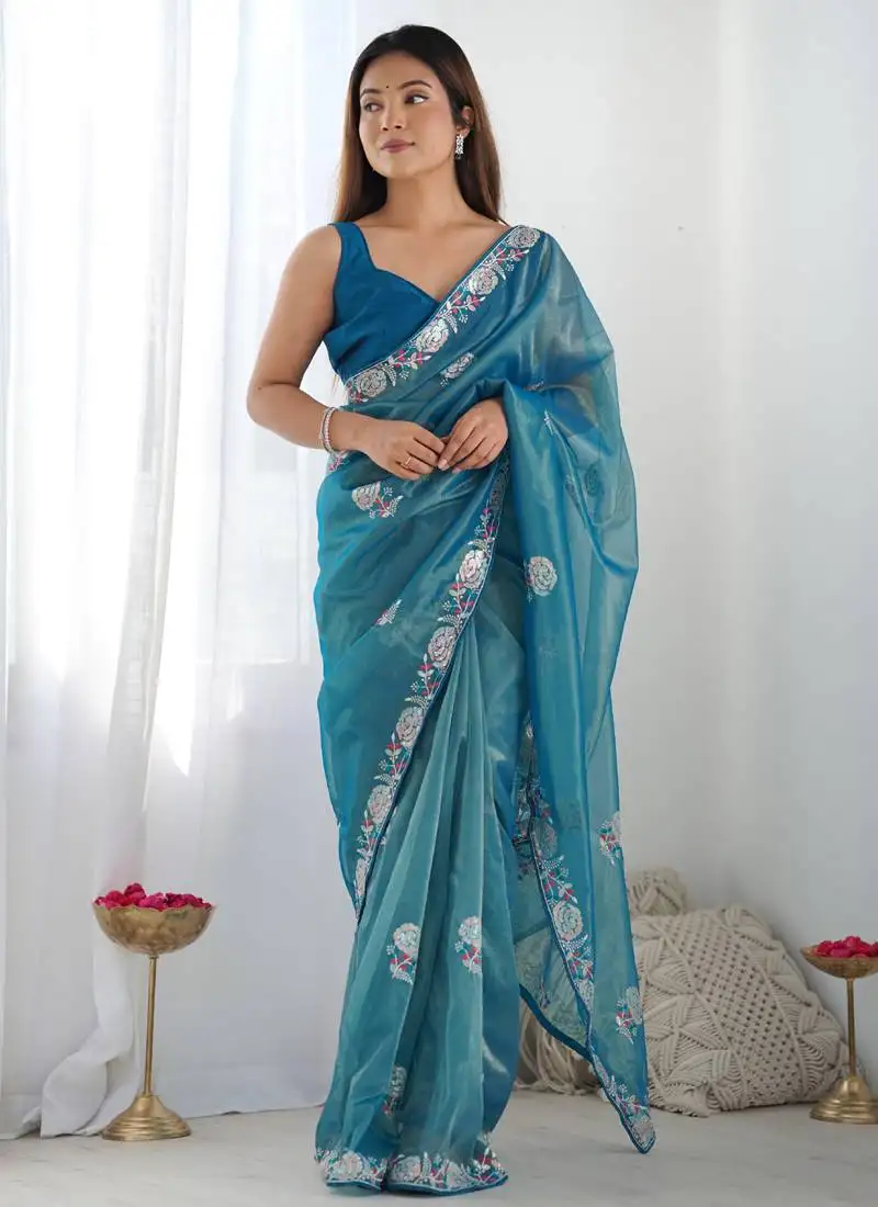 Royal blue organza embroidered party wear saree