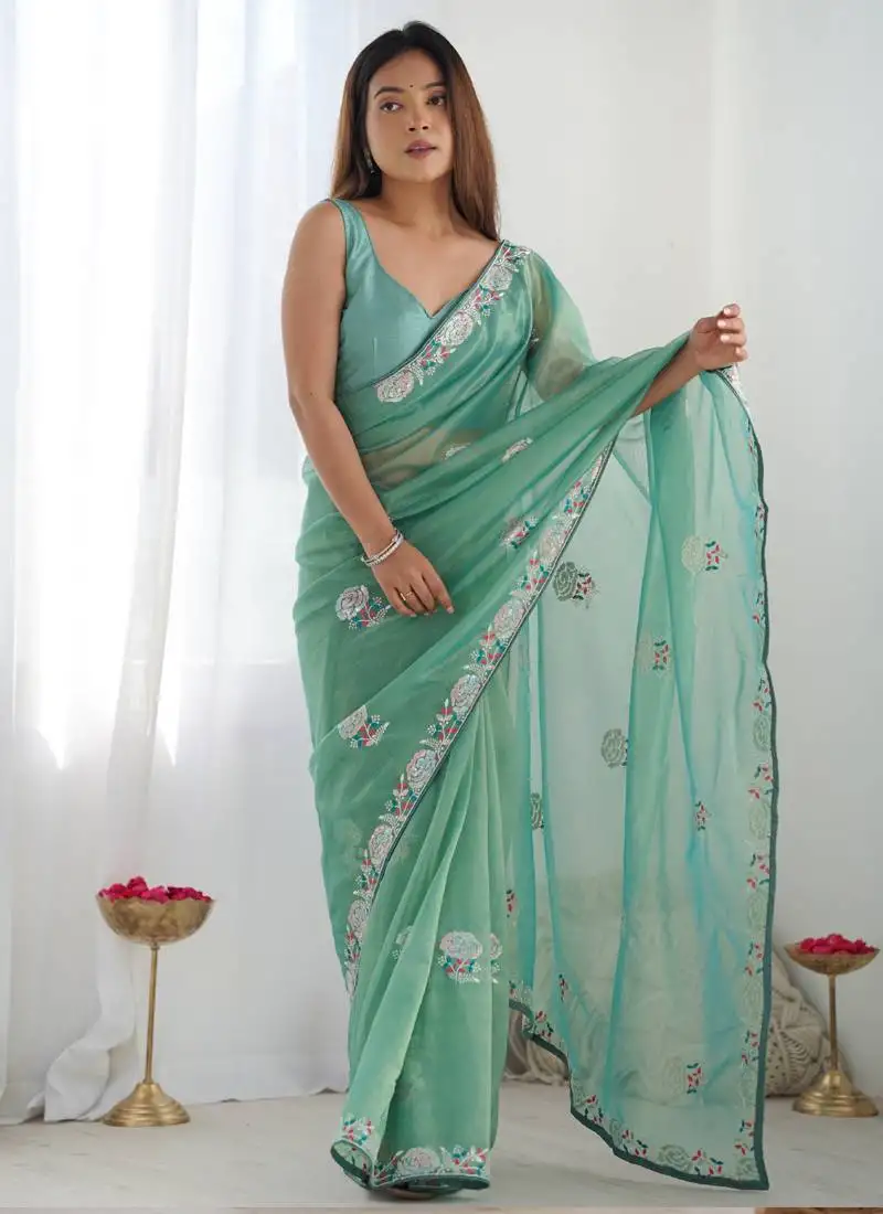 Sea green organza embroidered party wear saree