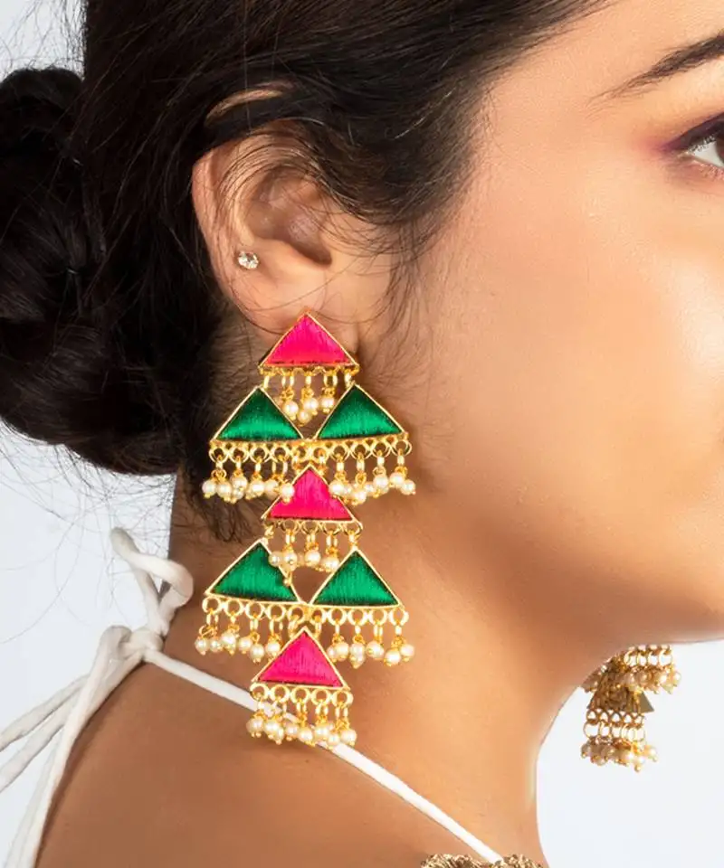 Sage leaf & pink tiny triangle embroidered dangler earrings