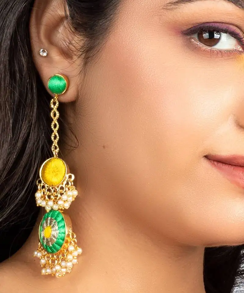 Poppy sage & yellow embroidered round earrings