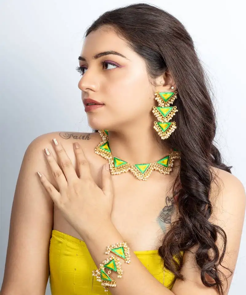 Zenith green & poppy yellow embroidered necklace set for haldi