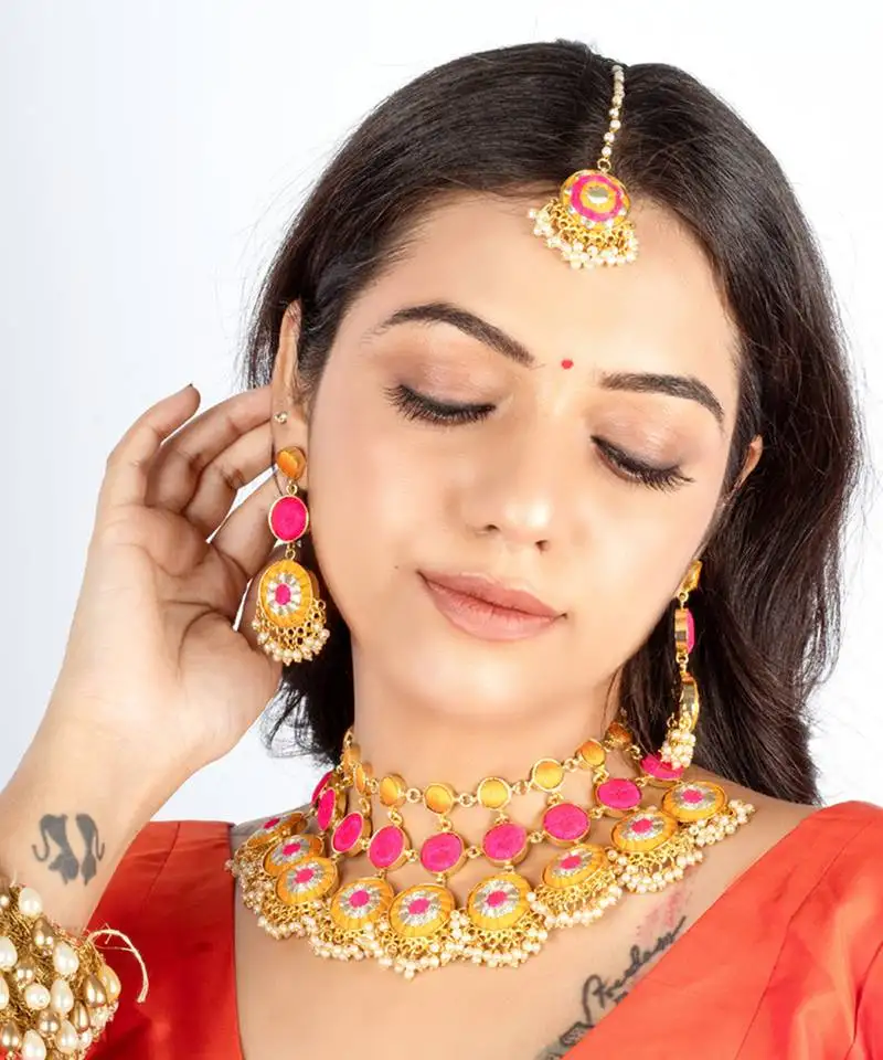 Mustard bloom silk thread embroidered necklace set