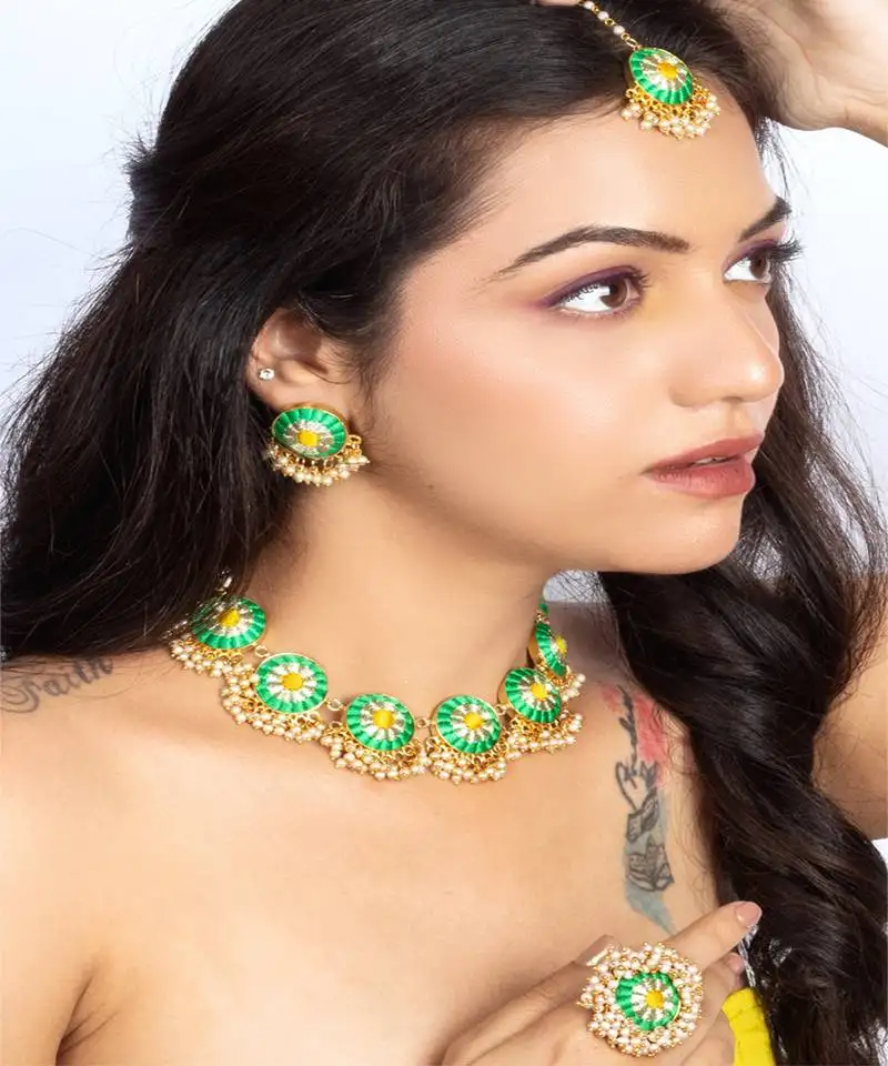 Scarlet green & lime yellow silk embroidered necklace set for celebration