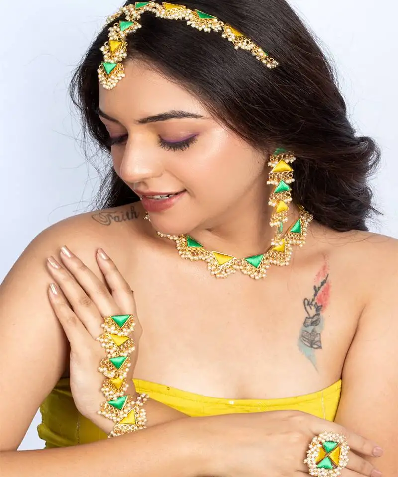 Green willow and lime yellow silk embroidered festive necklace set