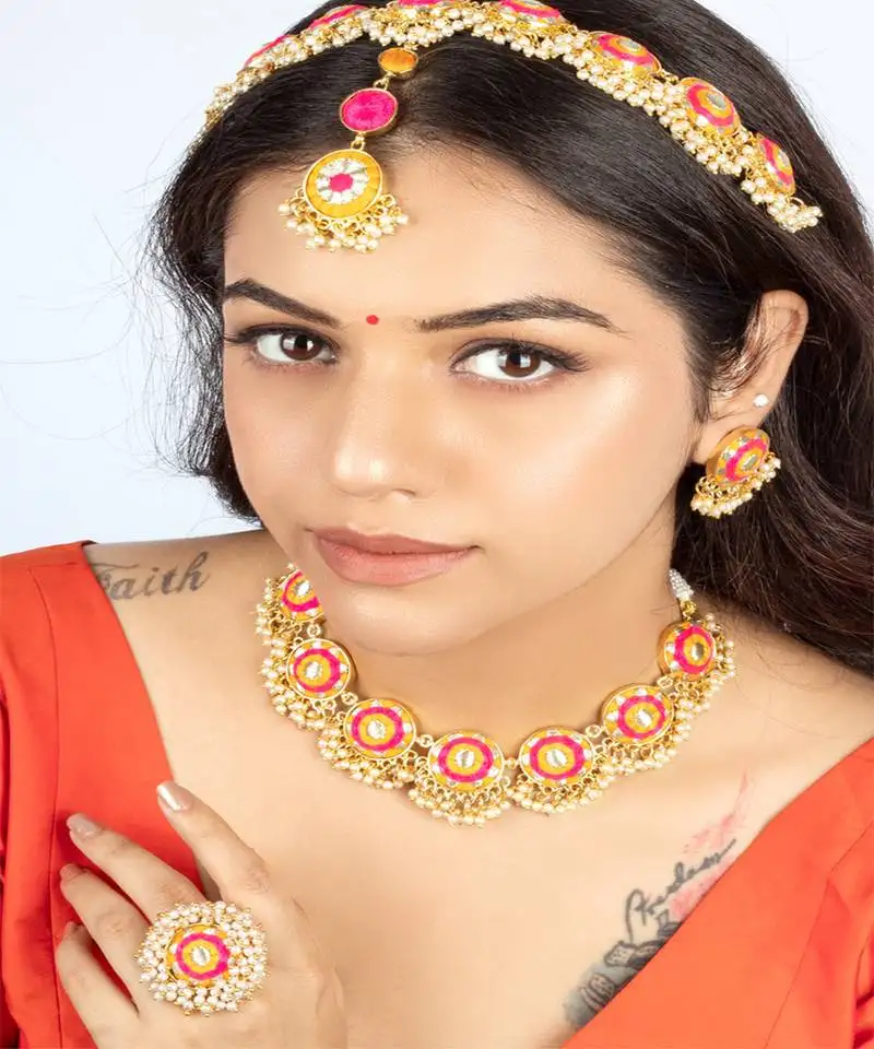 Golden marigold mustard and pink embroidered necklace set