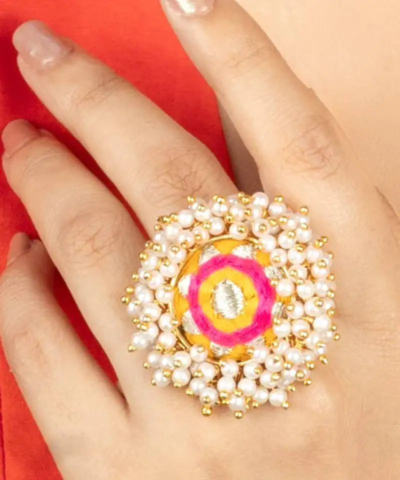 Sunshine radiance mustard yellow & hot pink embroidered ring