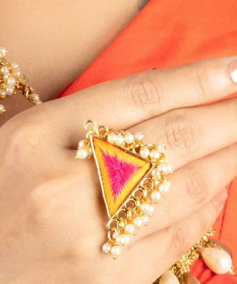 Marigold bloom mustard yellow & hot pink silk thread ring