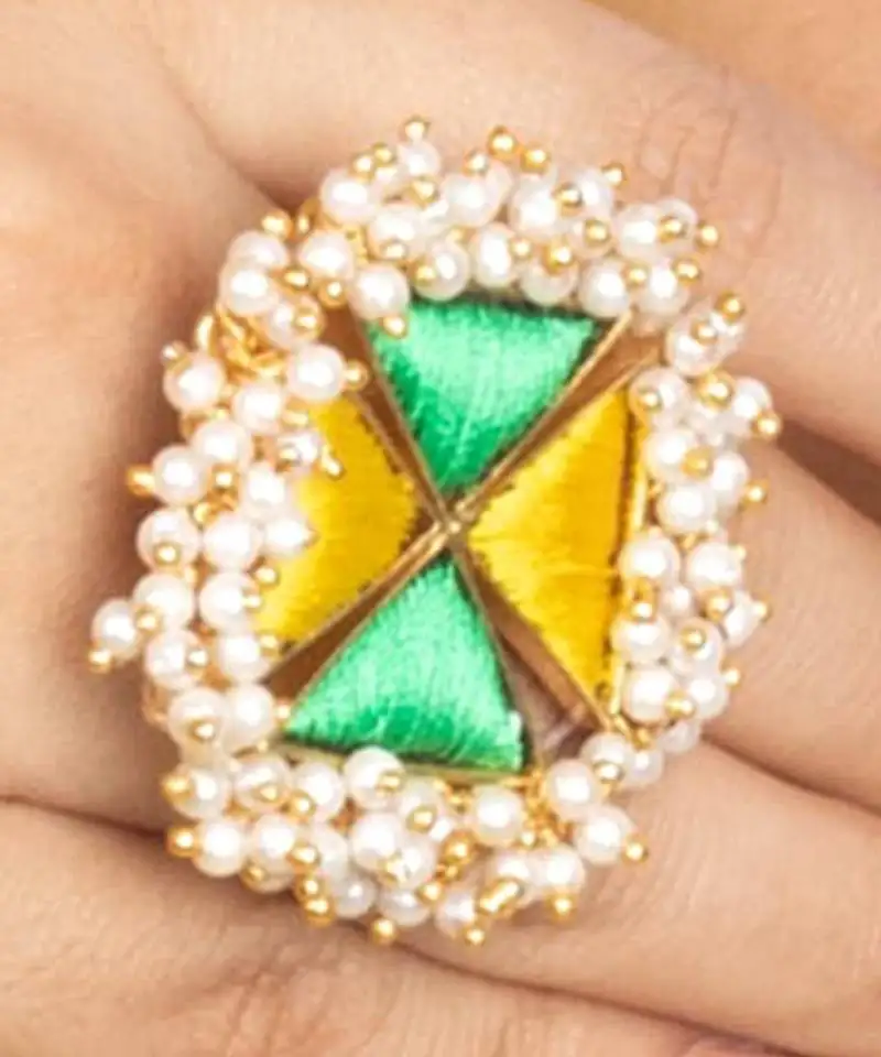 Lemon twsit yellow and lucite green silk embroidered rings