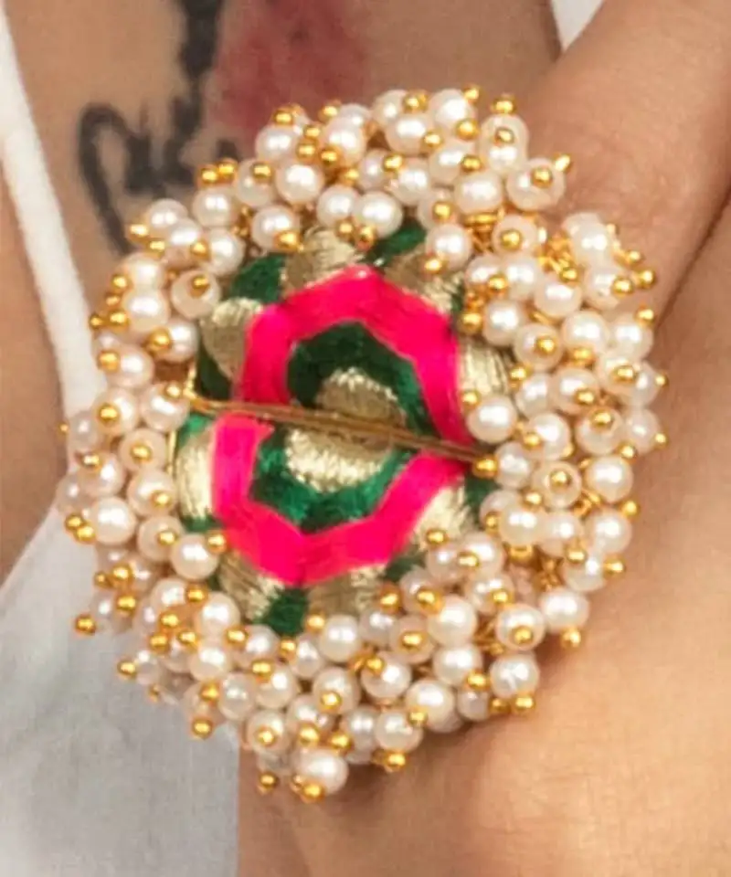 Green petal & pink silk embroidery ring