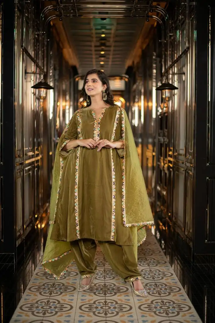Velvet olive green salwar set