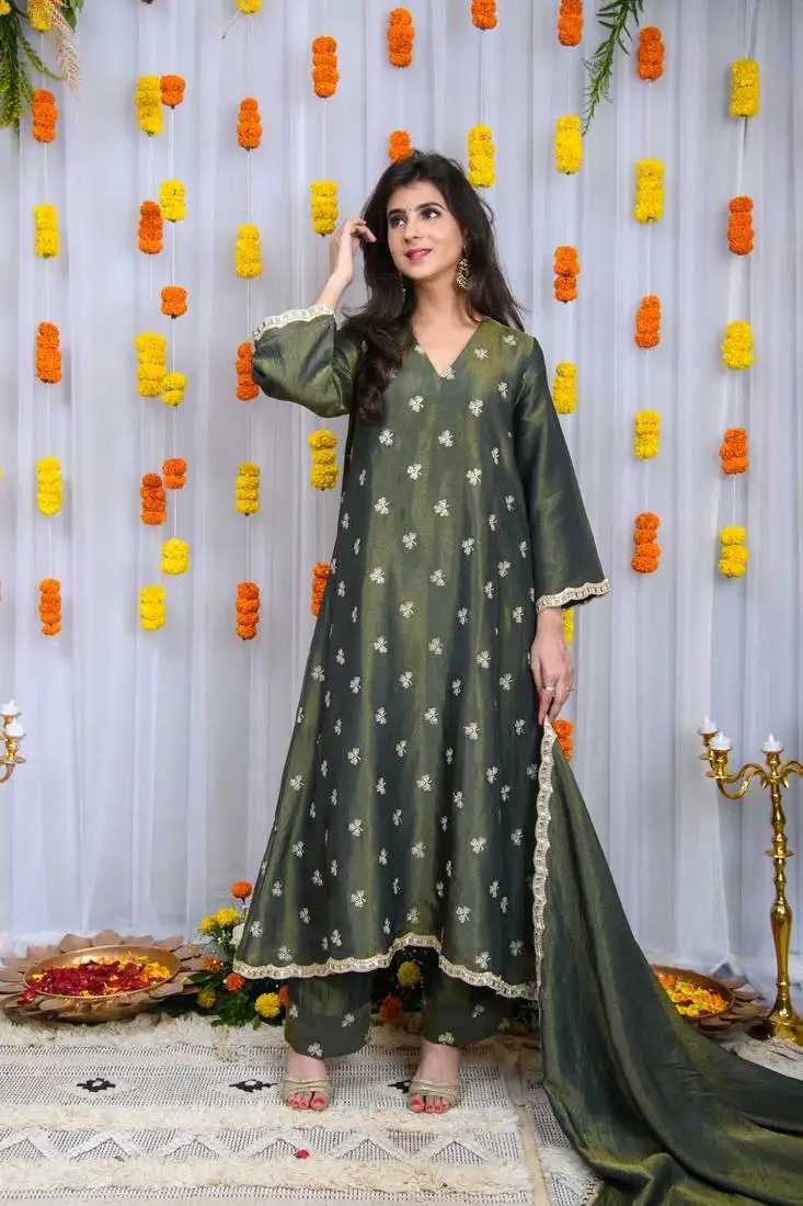Green golden tissue a line kurta set