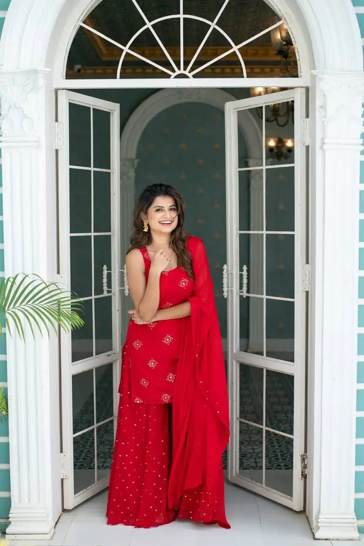 Red short kurta with palazzo