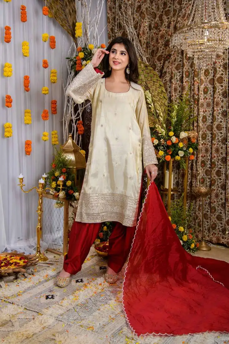 Beige and red tissue kurta set