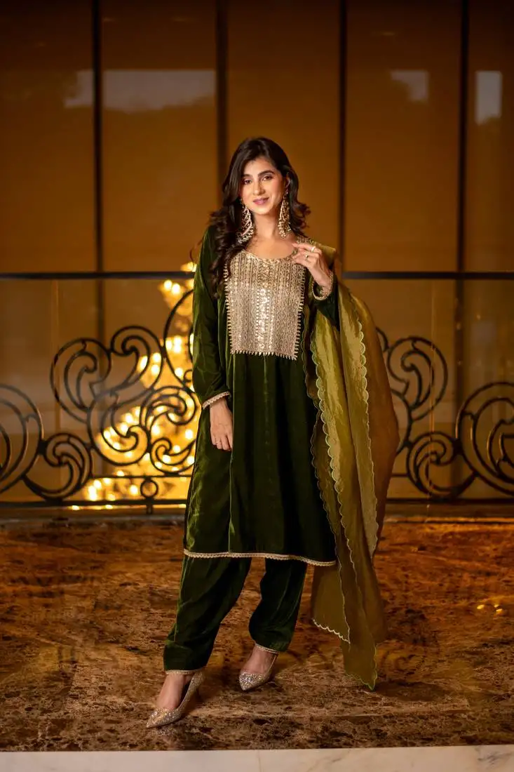 Velvet dark olive kurta set