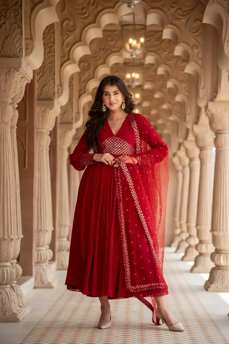 Maroon v neck anarkali set