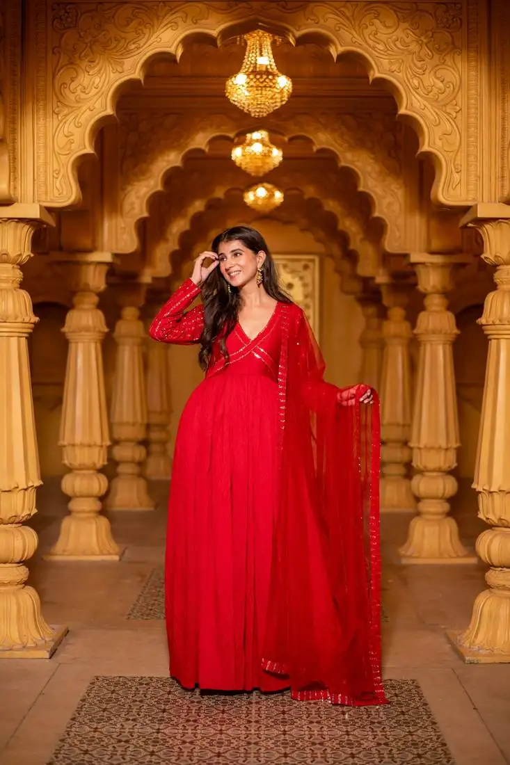 Red chanderi long gown with dupatta