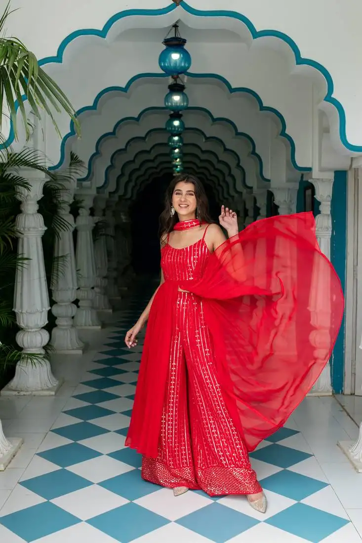Red long slit top with palazzo