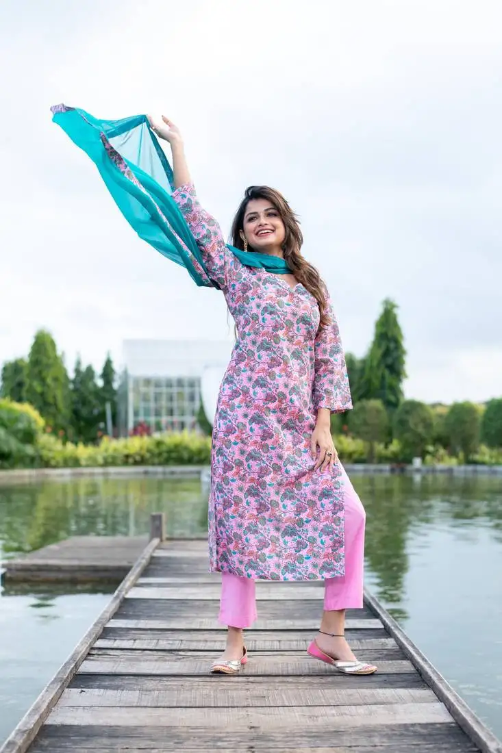 Baby pink self embroidery cotton kurta set