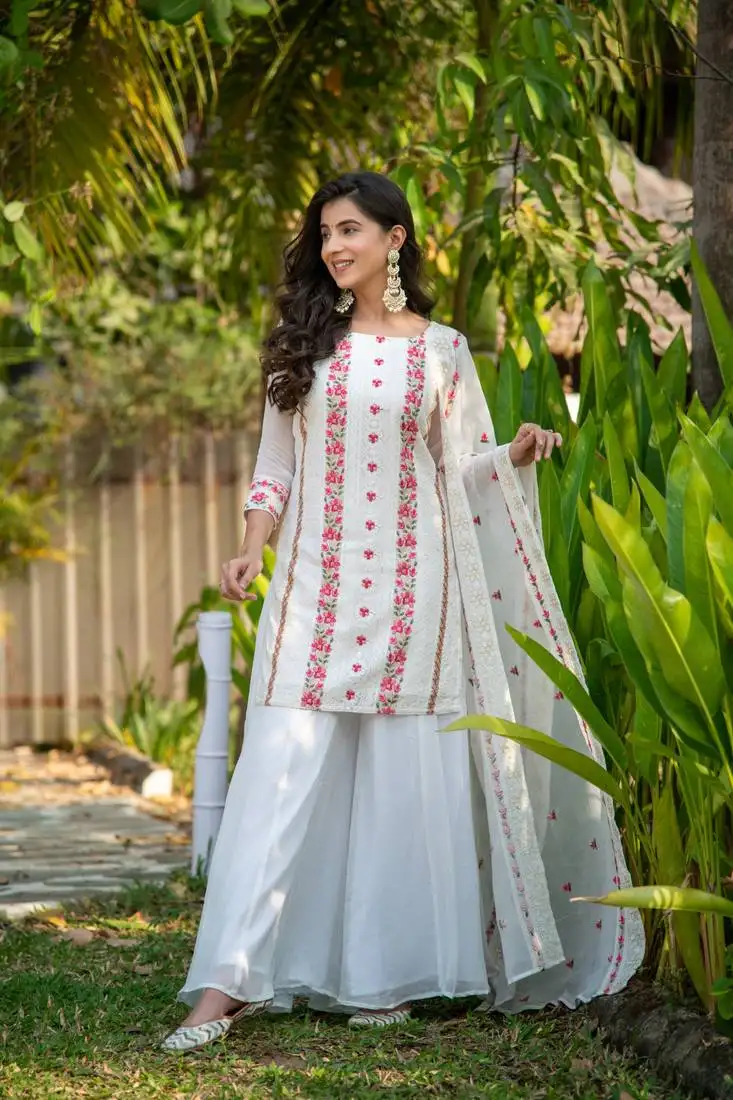 White and red heavy resham thread embroidery