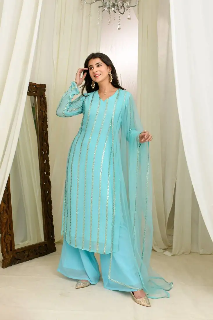 Light blue and gold kurta set with pallazo