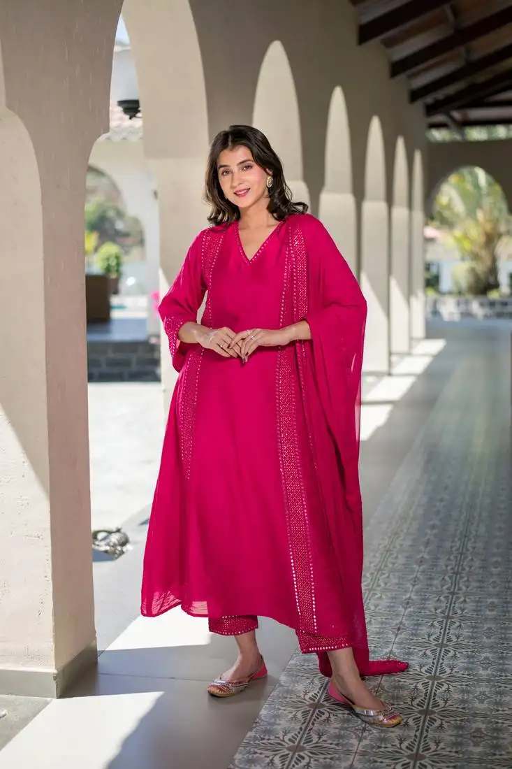 Rani pink chanderi kurta set