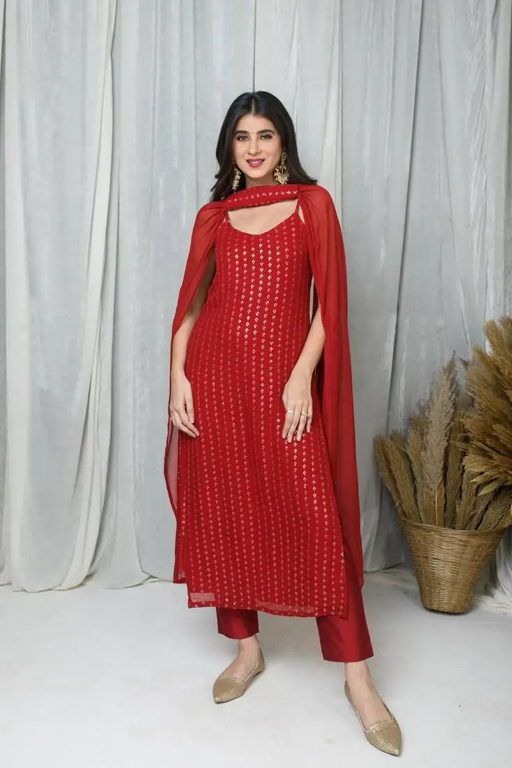 Red straight kurta with chokar dupatta