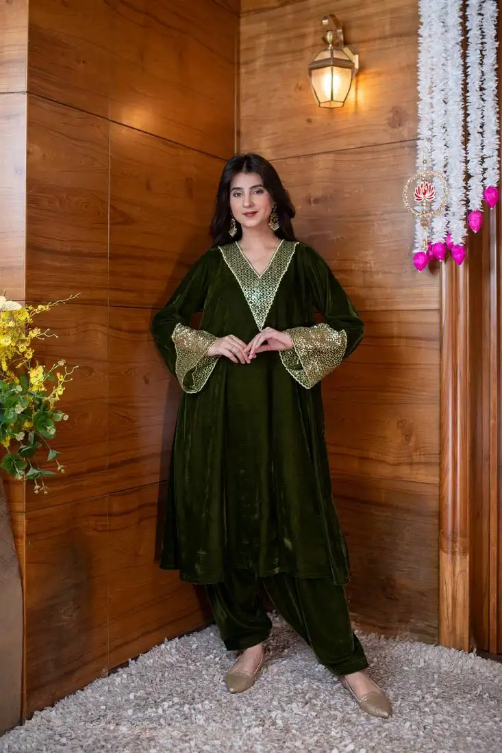 Dark olive sequin work bell sleeves co-ord set