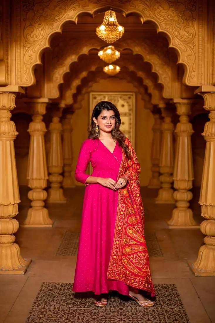 Pink chanderi overlap long anarkali set