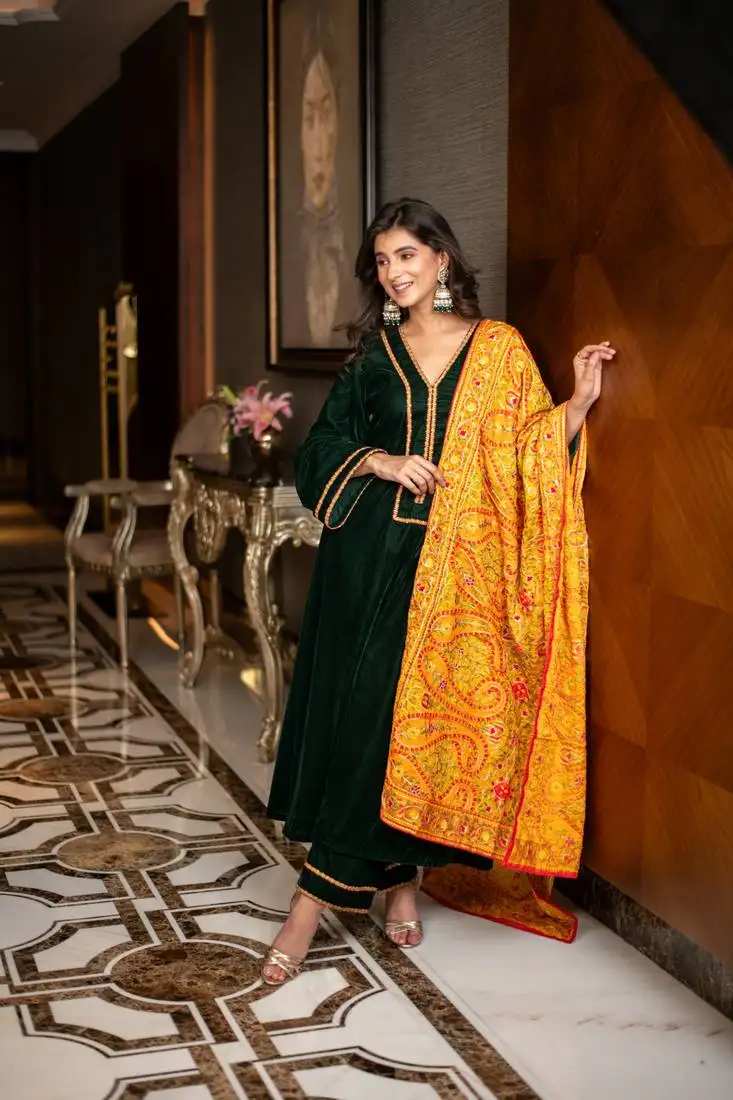 Velvet bottle green with silk mustard heavy dupatta