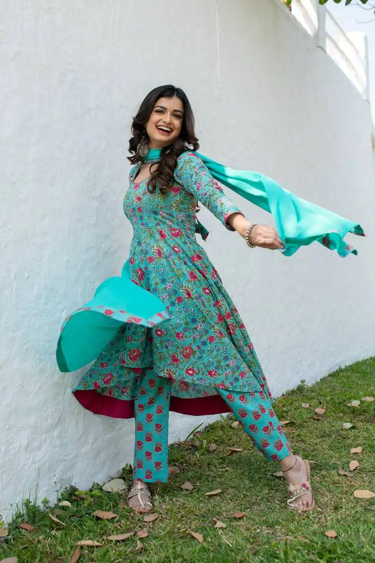 Sea green floral cotton kurta set