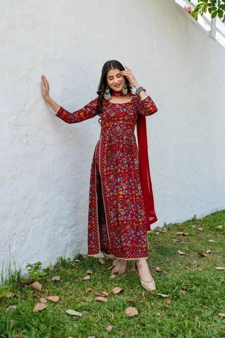 Red floral cotton nyra cut kurta set